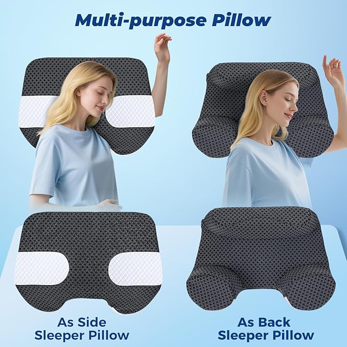 SAHEYER Side Sleeper Pillow with Arm Holes, 2 in 1 Shoulder Relief System for Rotator Cuff Pain, Memory Foam Pillow for Adults with 3 Arm Place Hole, Dark Black