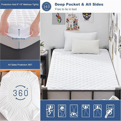 GRT Twin XL Waterproof Mattress Pad, 100% Waterproof Quilted Fitted Mattress Protector, Noiseless Hollow Cotton Mattress Cover, Fitted 8"-19" Deep, Dust Proof