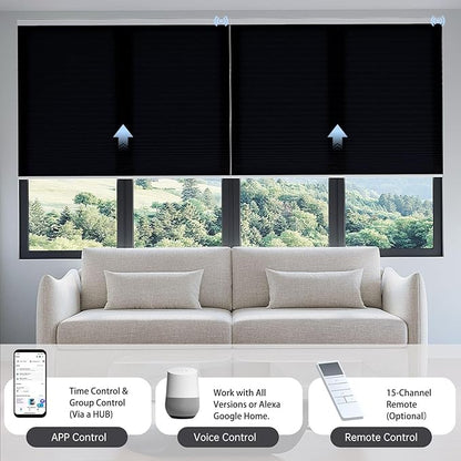 Motorized Cellular Shades with Remote, Light Filtering Smart Cellular Shades Compatible with Alexa, Honeycomb Window Blinds for Bedroom Home Office, Custom Size, Half Shading Midnight Spark
