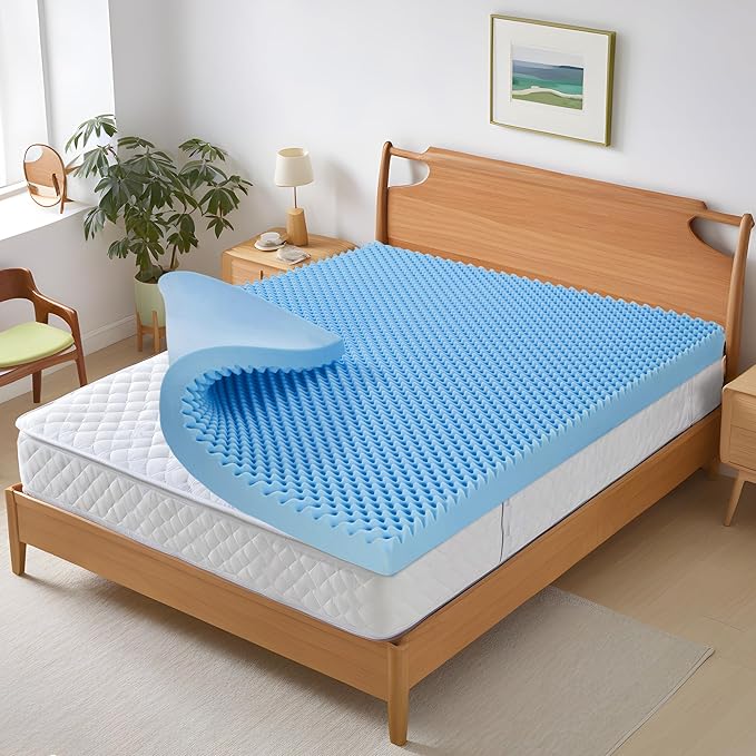 2 Inch Twin Mattress Topper Memory Foam Mattress Topper Twin Size Egg Crate Foam with Cooling Gel, Plush Feel Breathable Pressure Relief Matress Pad for Bedroom, College, RV, Cooling Blue