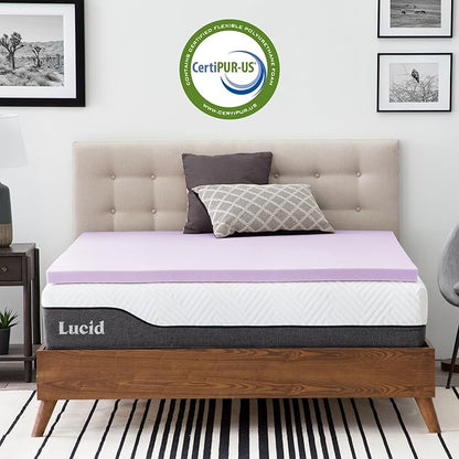 Lucid 2 Inch Lavender Memory Foam Mattress Topper, King Size – Essential Oil Infusion – Plush Feel, Pressure-Relieving Bed Topper – Ventilated and Breathable – CertiPur Certified