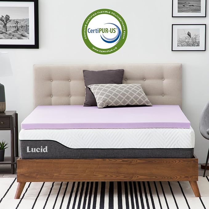 Lucid 2 Inch Lavender Memory Foam Mattress Topper, Full Size – Essential Oil Infusion – Plush Feel, Pressure-Relieving Bed Topper – Ventilated and Breathable – CertiPur Certified