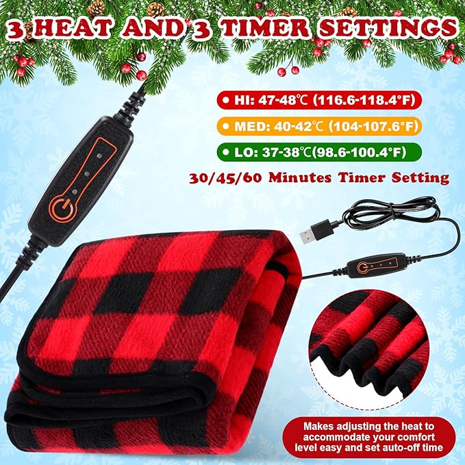 Tuanse 2 Pcs USB Heated Blanket 25"x35" Small Portable 5v 3 Setting Electric Blanket with Timer and Temperature Controller Winter Wearable Recharge Throw for Travel Home(Red and Black Plaid)