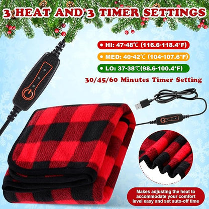 Tuanse 2 Pcs USB Heated Blanket 25"x35" Small Portable 5v 3 Setting Electric Blanket with Timer and Temperature Controller Winter Wearable Recharge Throw for Travel Home(Red and Black Plaid)