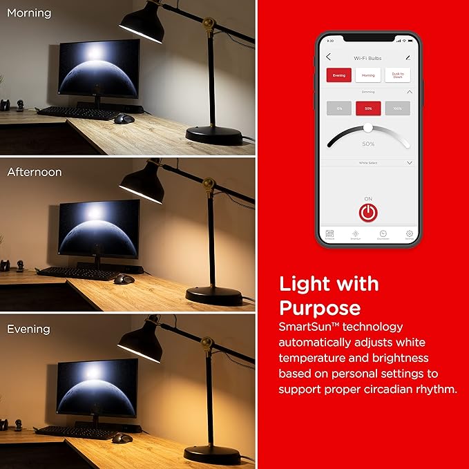 UltraPro Wi-Fi LED Smart Light Bulb, A19, 60W Equivalent, RGB, Color Changing, White Select Tunable 2700K - 6500K, Dimmable, 2.4GHz Router Required, Circadian Rhythm, Easy-to-Use App, 4 Pack, 51454