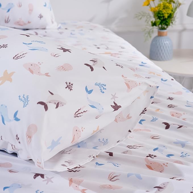 Sea Animal Queen Sheets Fish Whale Underwater World Cute Cozy Fun Queen Bed Sheet Set for Kids Girls Boys Children - Kids Bed Sheet Collection - Deep Pocket, Wrinkle Free and Soft Bedding - 4PC