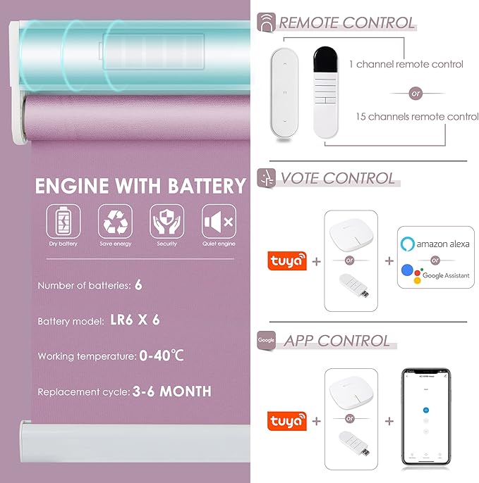 Allesin Motorized Roller Shade Work with Alexa for Window, 100% Blackout Smart Shades Cordless with Remote Control, Electric Automated Blinds for Window, Customized Size for Smart Home (Light Purple)