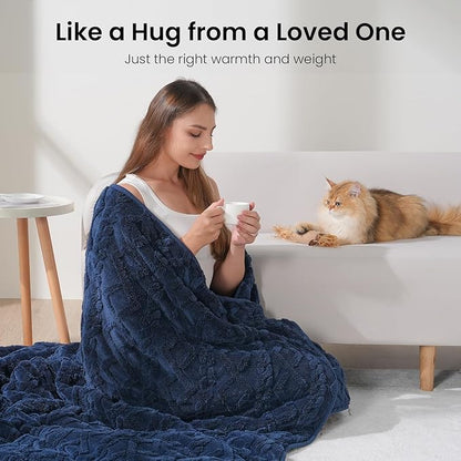 Weighted Blanket 15lbs Sherpa Weighted Blanket with Classic Jacquard Pattern, Heavy Soft Full Size Weighted Blankets for Adults to Sleep Natural, Sofa Couch Bed Blanket, Navy Blue, 48 * 72 15lbs