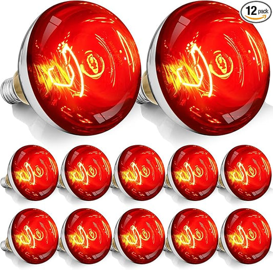 250W R40 Red Heat Lamp Bulbs, 8000 Hours Rated, Infrared Flood Light, Brooder Heating Lamp for Chickens, Reptiles, Pets, Bathroom, E26 Base - 12 Pack