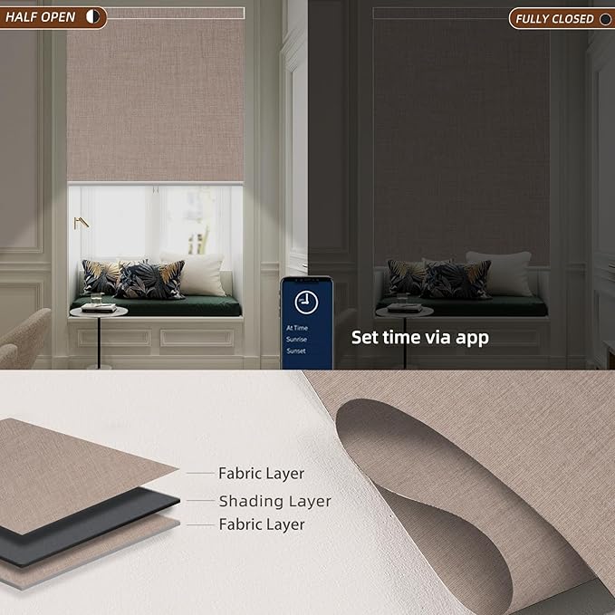 Motorized Blinds Roller Shade with Remote: Canisteo Automatic Smart Blind for Windows 100% Blackout, Electric Blinds Compatible with Alexa/Google Home/Apple Homekit, Customized Size, Neat Light Brown