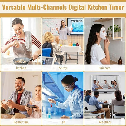 Digital Dual Kitchen Timer, 4 Channels Independent Countdown Timer, Large Display, On/Off, Loud Volume Alarm and Flashing Light with Magnetic Back, Stand, Battery Included (White)