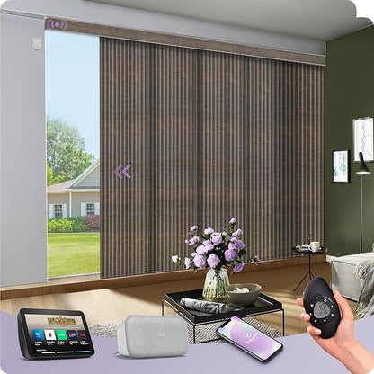 Graywind Motorized Natural Sliding Panels Compatible with Alexa Google Light Filtering Smart Panel Track Blinds for Patio Sliding Door, Custom Size (Barkwood)