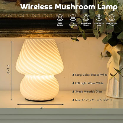 Battery Operated Mushroom Lamp - Vintage Small Table Lamp with Timer, Cordless Bedside Nightstand Lamp, Glass Battery Powered Lamp for Bedroom Kitchen Living Room Shelf Decor Aesthetic White