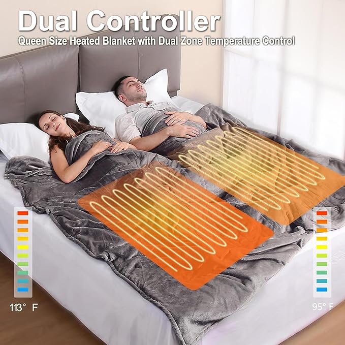 Tefici Heated Blanket Queen Size with Dual Control，Soft Flannel Electric Blanket Queen,Fast Heating with 3 Heat Levels,8 Hours Auto Off,Machine Washable, ETL&FCC Certified，84x90Inch，Gray