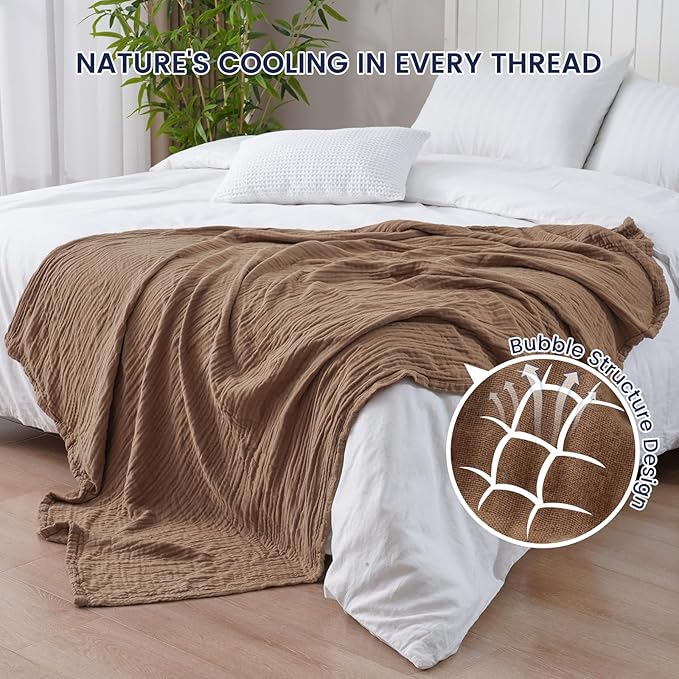 PHF Cooling Muslin Throw Blanket for Hot Sleepers, 60% Rayon Derived from Bamboo, 40% Cotton for Summer, 4-Layer Breathable Gauze Blanket for Bed Couch, 50"x60", Brown