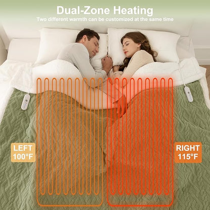 Queen Size Heated Blanket 84"X90" Green - Soft Thick Warm Sherpa Electric Blanket for Winter with Dual Control, 5 Fast Heating Levels & 10hrs Auto Off, Washable & ETL Certified for Bed