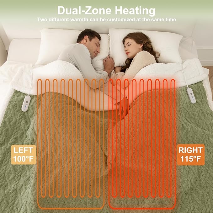 Heated Blanket King Size 100"X90" Green - Soft Thick Warm Sherpa Electric Blanket for Winter with Dual Control, 5 Fast Heating Levels & 10hrs Auto Off, Washable & ETL Certified for Bed