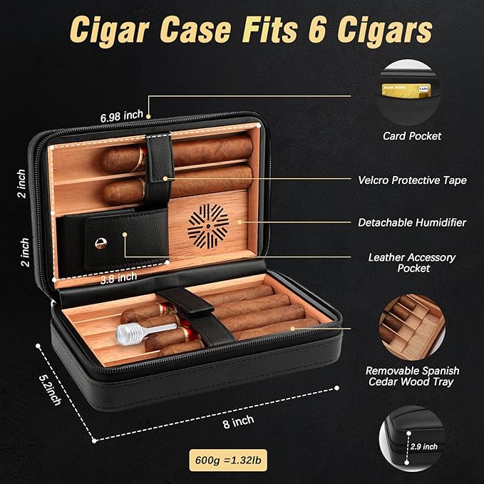 TISFA Cigar Humidor, Leather Cedar Wood Cigar Case with Cigar Lighter, V Cut Cigar Cutter, Cigar Holder 3 in 1, Portable Travel Cigar Humidor Box with Humidifier (Black)