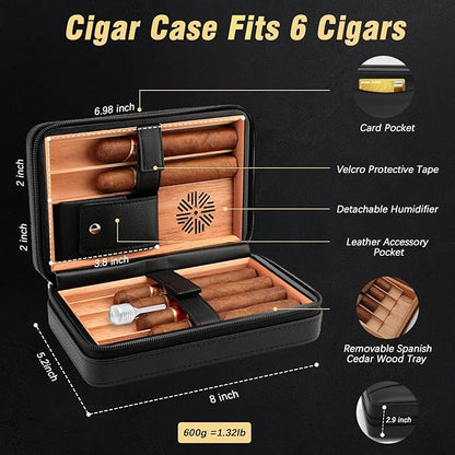 TISFA Cigar Humidor, Leather Cedar Wood Cigar Case with Cigar Lighter, V Cut Cigar Cutter, Cigar Holder 3 in 1, Portable Travel Cigar Humidor Box with Humidifier (Black)