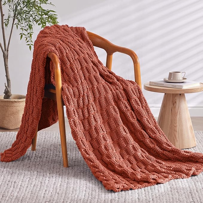 Knitted Weighted Blanket for Adult, No Beads Heavy Blanket 60” x 80'' 10lbs, Breathable Chunky Knit Blanket, Cooling Weighted Blanket for Hot Sleepers, Christmas Home Decor (Orange)