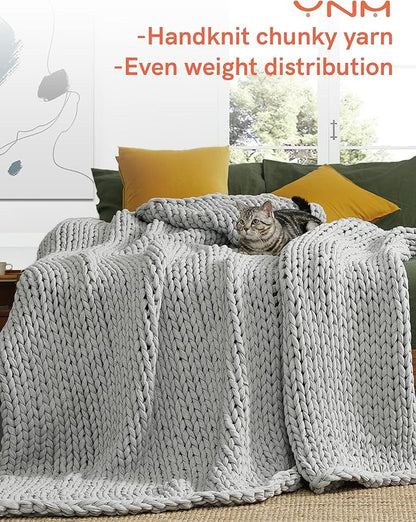 YnM 100% Cotton Weighted Blanket, Handmade Chunky Knitted Throw, No fillers Design, Soft and Breathable, Machine Washable Bed Blanket for Sleep or Home Decor (Lighte Grey, 40x50 Inch, 10lbs)