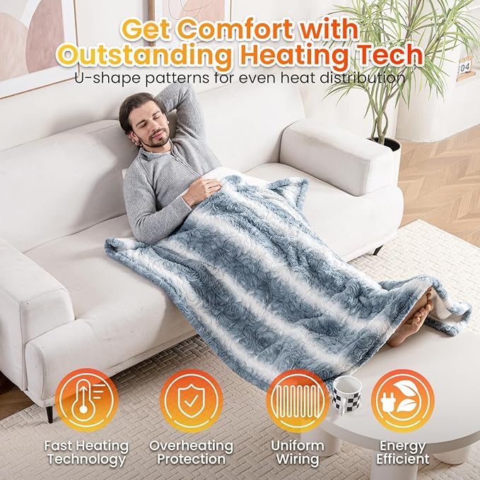 WOOMER Heated Blanket Throw 50" x 60", Electric Blanket Throw with 4 Heating Levels & 4H Auto Off, ETL Certified, Blue White Flowers Patterns Faux Fur & Sherpa, Machine Washable