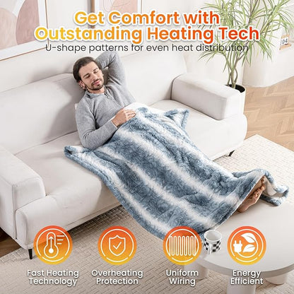 WOOMER Heated Blanket Throw 50" x 60", Electric Blanket Throw with 4 Heating Levels & 4H Auto Off, ETL Certified, Blue White Flowers Patterns Faux Fur & Sherpa, Machine Washable