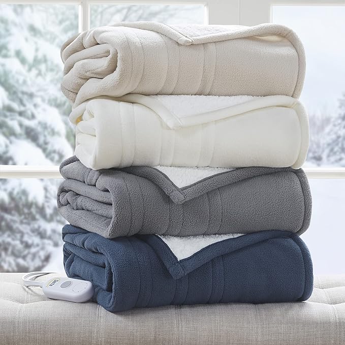 Serta Heated Throw Blanket - Reversible Fleece to Sherpa Electric Blanket, Fast Heating, Auto Shut Off Timer, Multi Heat Setting, ETL Certified, Machine Washable, Ivory 50"x 60"
