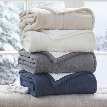 Serta Heated Throw Blanket - Reversible Fleece to Sherpa Electric Blanket, Fast Heating, Auto Shut Off Timer, Multi Heat Setting, ETL Certified, Machine Washable, Ivory 50"x 60"