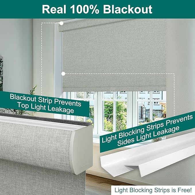 BERISSA Blackout Roller Shades for Windows,Cordless,Linen Fabric,Roller Blinds,Thermal Insulated UV Protection,Window Shades for Home Bedroom Office Door.Grey.Custom Size