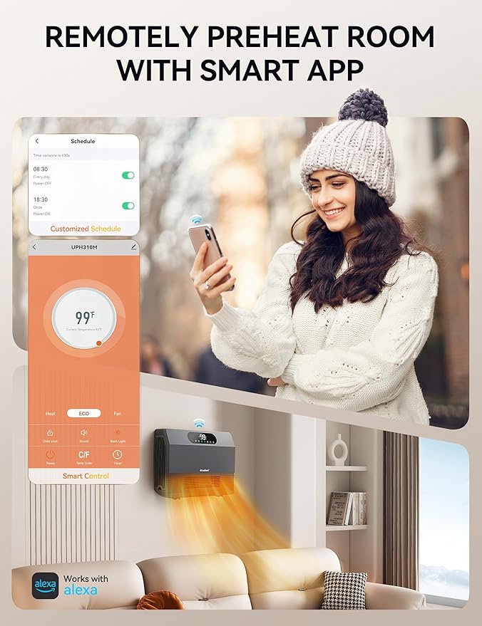 GiveBest Smart Wall Heater, 1500W Fast Heating Space Heater for Bedroom, Electric Space Heater with Thermostat for Indoor Use, Easy Wall Mounted, On/Off Timers, Compatible with Alexa, ALCI Plug, Grey