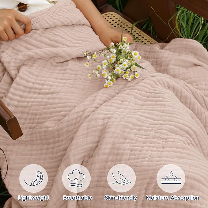 PHF Cooling Muslin Blanket Queen Size 90"x80", 6-Layer Lightweight Gauze Blanket Made from 35% Rayon Derived from Bamboo & 65% Cotton, Breathable & Ultra Soft Cozy for Hot Sleepers, Cameo Rose