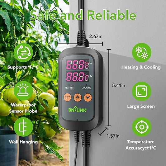 BN-LINK Digital Temperature Controller Thermostat Outlet with Heating Cooling Mode, 2-Stage Outlet Thermostat Controller Plug for Reptiles Aquarium Carboy Homebrew Breeding Fermenter Seed Germination