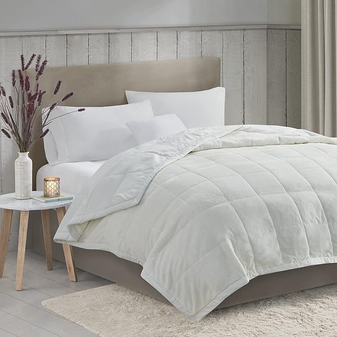 Madison Park Queen Cozy Blanket HeiQ Smart Temperature Plush to Microfiber Reverse Box Quilting, Reversible, Soft All Season, Lightweight Summer Cover, for Bed, Couch and Sofa, Full/Queen, Ivory