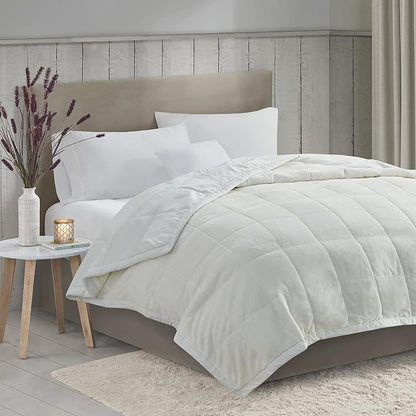 Madison Park Queen Cozy Blanket HeiQ Smart Temperature Plush to Microfiber Reverse Box Quilting, Reversible, Soft All Season, Lightweight Summer Cover, for Bed, Couch and Sofa, Full/Queen, Ivory