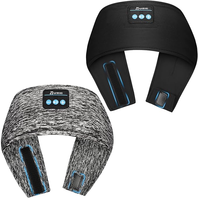 Adjustable Sleeping Headphones, 2-Pack Headband Headphones with Fastener, Bluetooth Headband with Thin Speakers Mic for Men Women, Yoga, Running, Workout, Travel - Black&Gray