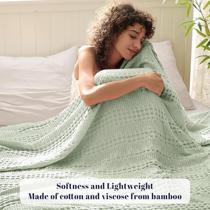 PHF Cooling Waffle Blanket Queen Size, Lightweight 60% Rayon Derived from Bamboo & 40% Cotton Breathable Blanket for Hot Sleepers, Soft and Luxury for Bed Couch and Sofa, 90"x90", Mint