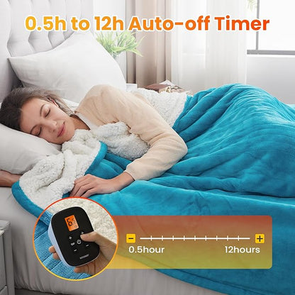 WOOMER Electric Heated Blanket Full Size, Soft Flannel Fast Heating Blanket, Teal Color, 77"x 84", 10 Heating Levels & 0.5-12H Auto Off, Over-Heat Protection