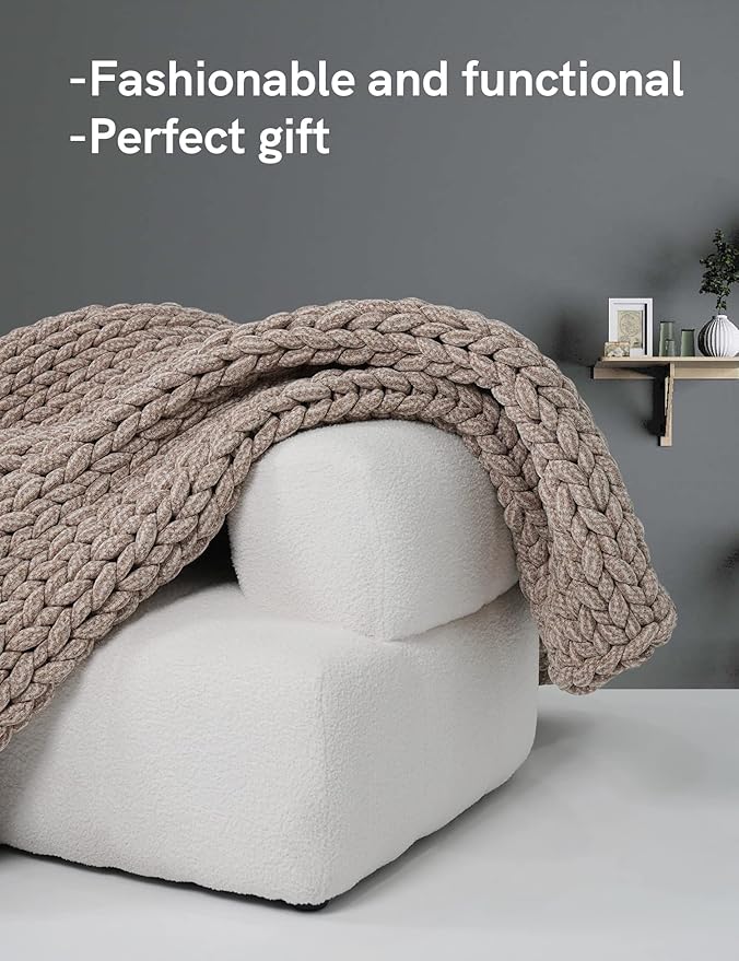 YnM Chenille Weighted Blanket, Handmade Chunky Knitted Design, Soft and Cozy, Temperature Regulating and Breathable, Machine Washable Throw for Sleep or Home Decor (Beige, 60x80 Inch, 15lbs)