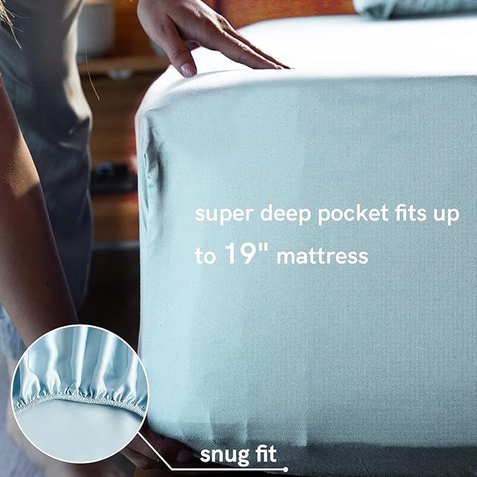 YnM Cooling Bed Sheet Set with 100 Percent Rayon Derived from Bamboo, 400TC Fabric with 2 Pillowcases and Flat Sheet, Deep Pocket Fit 19'', Silky-Soft & Sweat Wicking, 4 Piece (Full, Light Blue)