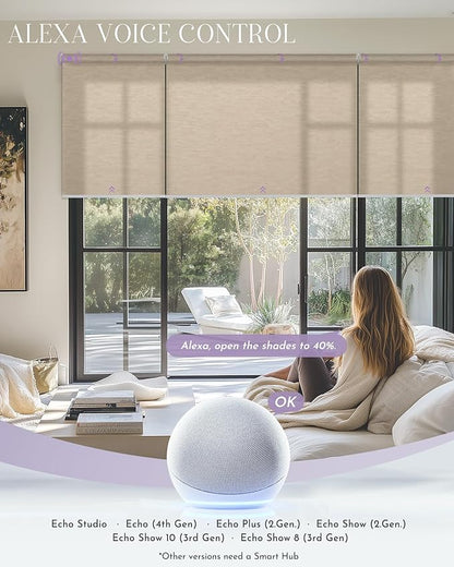 Graywind Smart Coupled Roller Shades Compatible with Alexa Google Custom Size Extra Large Motorized Blinds for Windows(Jacquard Coffee)
