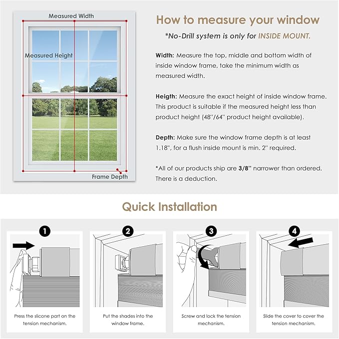 LazBlinds No Tools No Drill Cordless Cellular Shades, Blackout Light Blocking Honeycomb Shades for Home, Thermal Insulation Blinds for Windows, 25" W x 64" H, Dark Grey