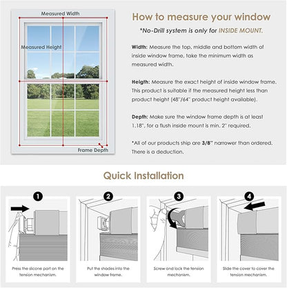 LazBlinds No Tools No Drill Cordless Cellular Shades, Light Filtering Honeycomb Shades for Home, Thermal Insulation Blinds for Windows, 38" W x 48" H, Dark Grey