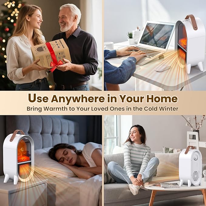 Portable Electric Fireplace Heater, 1500W/750W Mini Space Heater for Indoor Use with 3D Flame, Thermostat, Carry Handle, Overheat & Tipover Protection, for Home Office Bedroom Desk, White