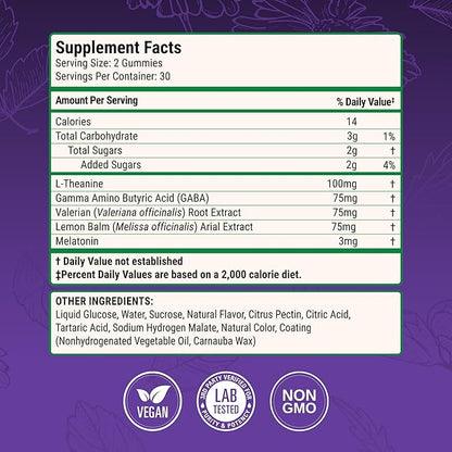 Nested Naturals Luna Sleep Gummies - Non-Habit Forming Melatonin Gummies 3mg with L-Theanine, Valerian Root, GABA, and Lemon Balm - Sleep Gummy for Adults - Mixed Berry, 60 Vegan Gummies