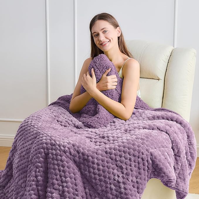 Wemore Fleece Weighted Blanket for Adults (60" x 80" 20lbs, Purple), Dual Sided Cozy Soft Sherpa Heavy Blanket, 3D Imitation Turtle Shell Warm Jacquard Flannel Weighted Blankets for Couch and Bed