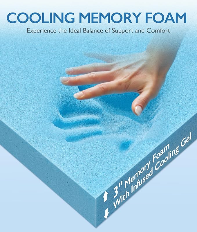 SINWEEK 3 Inch Full Size Cooling Memory Foam Mattress Topper for Pressure Relief, Thick Bed Mattress Pad with Cooling Soft Cover and Adjustable Straps, CertiPUR-US Certified