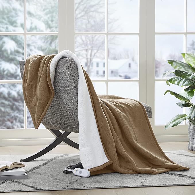 Serta Heated Throw Blanket - Reversible Fleece to Sherpa Electric Blanket, Fast Heating, Auto Shut Off Timer, Multi Heat Setting, ETL Certified, Machine Washable, Stone Brown 50"x 60"