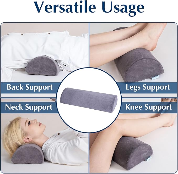Knee Pillow for Back Sleeping, Pain Relief Memory Foam Bolster Pillow for Legs, Under Knee & Bed, Roll Round Support Wedge Pillow, Large Half Moon Pillow Ideal for Massage Table, Grey
