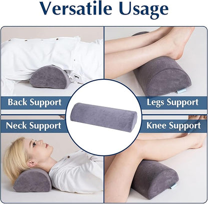 Knee Pillow for Back Sleeping, Pain Relief Memory Foam Bolster Pillow for Legs, Under Knee & Bed, Roll Round Support Wedge Pillow, Large Half Moon Pillow Ideal for Massage Table, Grey